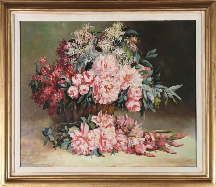 Framed 20th Century Oil - Still Life, Pink Peonies