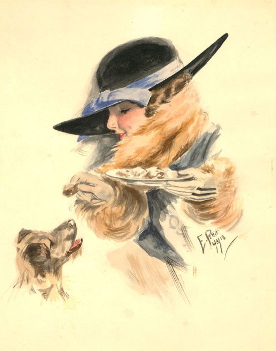 E. Pettit - Signed and Dated 1918 Watercolour, A Woman's Best Friend