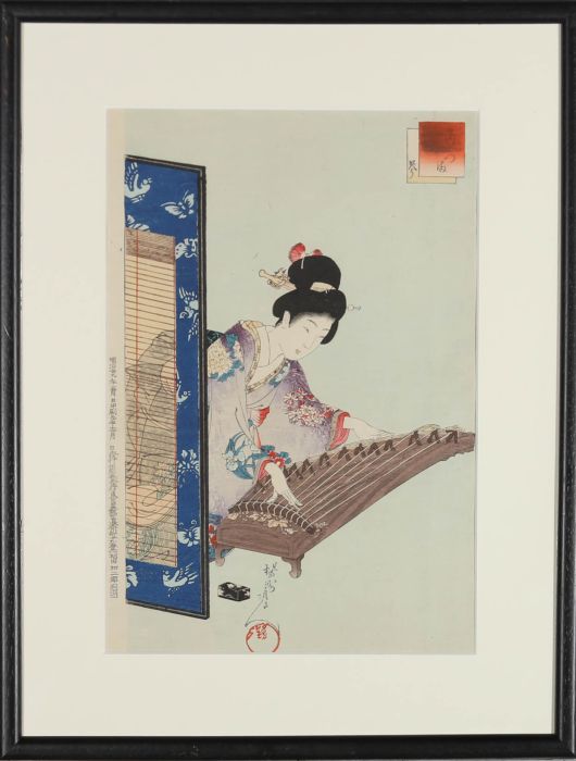 Toyohara Chikanobu (1838-1912) - 1879 Japanese Woodblock, Geisha Playing A Koto