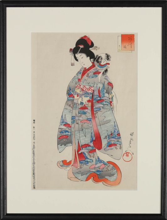 Toyohara Chikanobu (1838-1912) - 1879 Japanese Woodblock, A Geisha And Her Dog