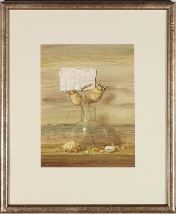 Aktai Alirzyaev  - Contemporary Watercolour, Glass Flask and Dried Seed Heads