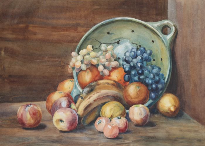 Mid 20th Century Watercolour - Colander Bowl of Fruit
