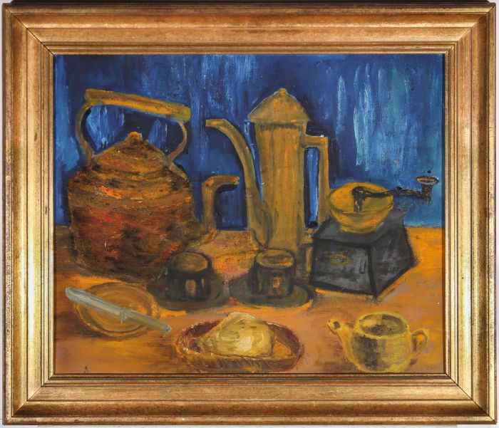 Framed 20th Century Oil - Still Life, Coffee Pot & Utensils