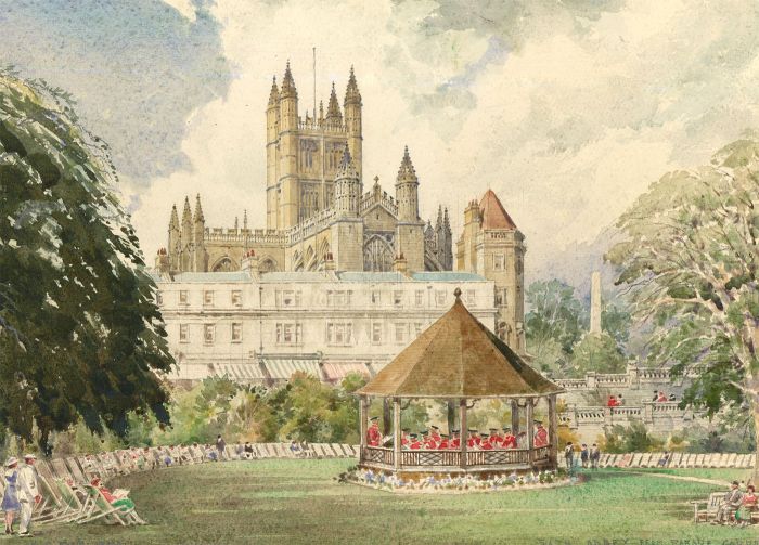 Arthur Cecil Fare RWA (1876-1958)- Watercolour, Bath Abbey From Parade Gardens