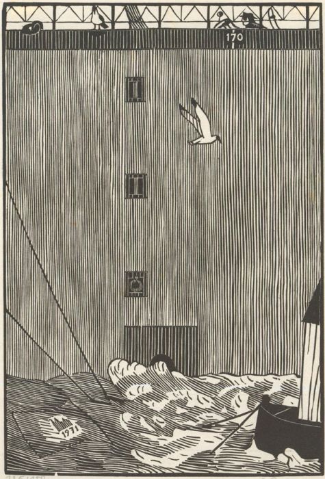 1971 Woodcut - Dockside