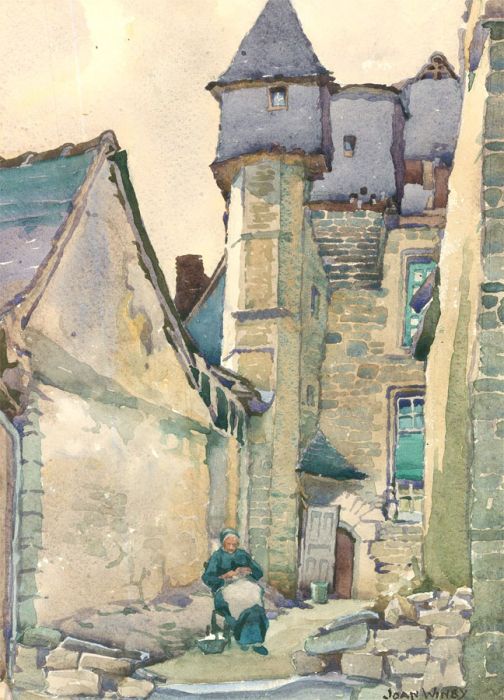 Joan Winby - Early 20th Century Watercolour, Peeling Potatoes Outside The Castle