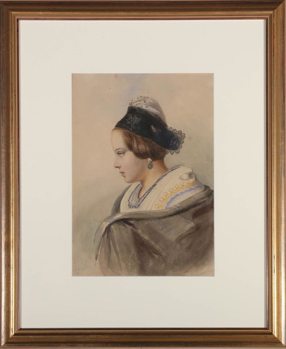 Jules Laurens (1825-1901) - 1857 Watercolour, Girl with the Lace Bonnet