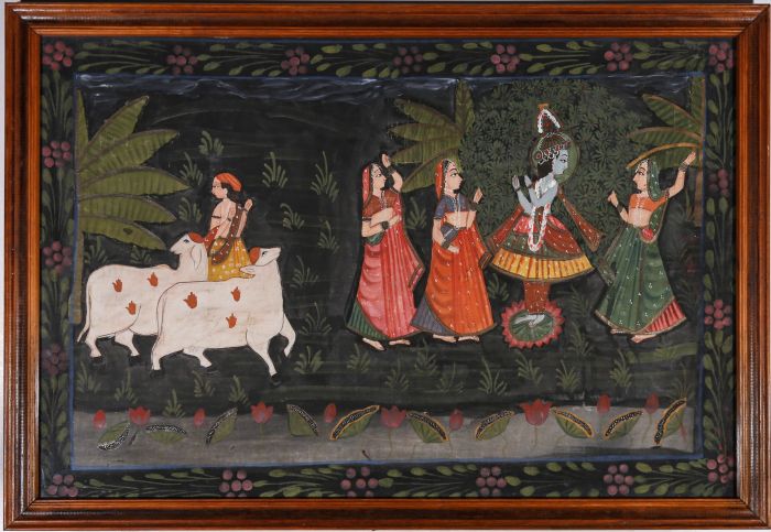 The Gopis of Vrindavan - Framed 20th Century Gouache, The Gopis of Vrindavan