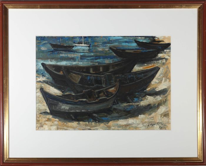 George Rival  - French School 1958 Oil, Beached Fishing Boats
