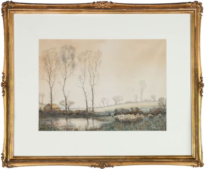 Framed Late 19th Century Watercolour - Sheep by the Pond