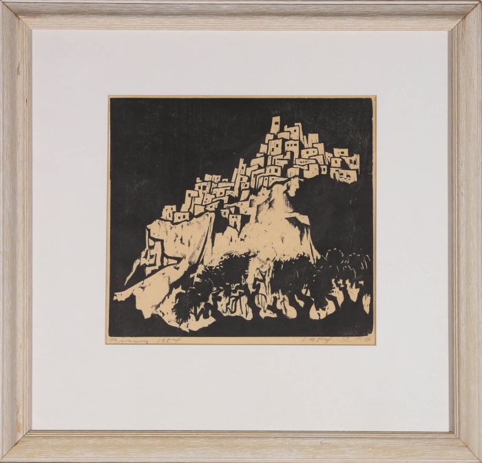 Jacob Pins (1917-2005)  - 1954 Woodcut, The Hillside Village