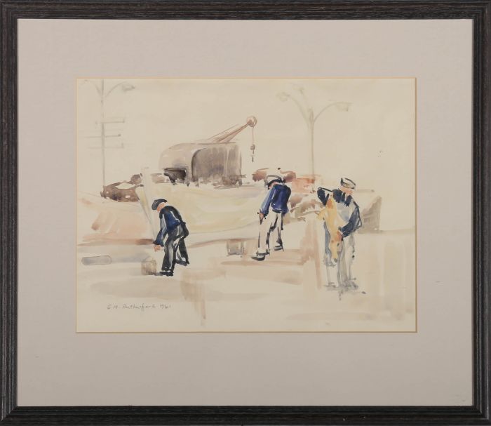 S. M. Rutherford - 1961 Watercolour, Fishermen, South of France
