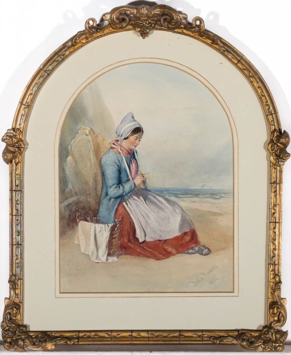 Delia Robins (fl. 1856-1858)  - 1854 Watercolour, Knitting by the Sea