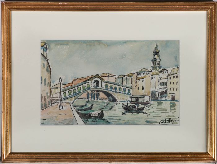 Framed Mid 20th Century Watercolour - Rialto Bridge
