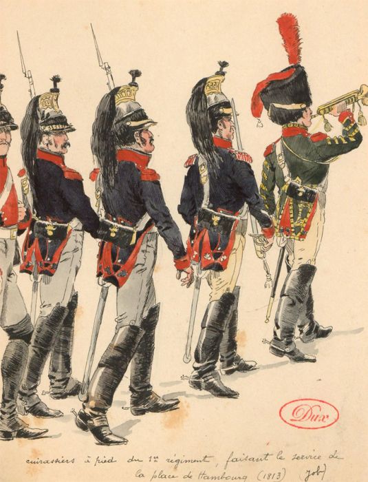 Leon Dux (c.1840-1930) - Watercolour, Cuirassiers of the 1st Regiment (1813)