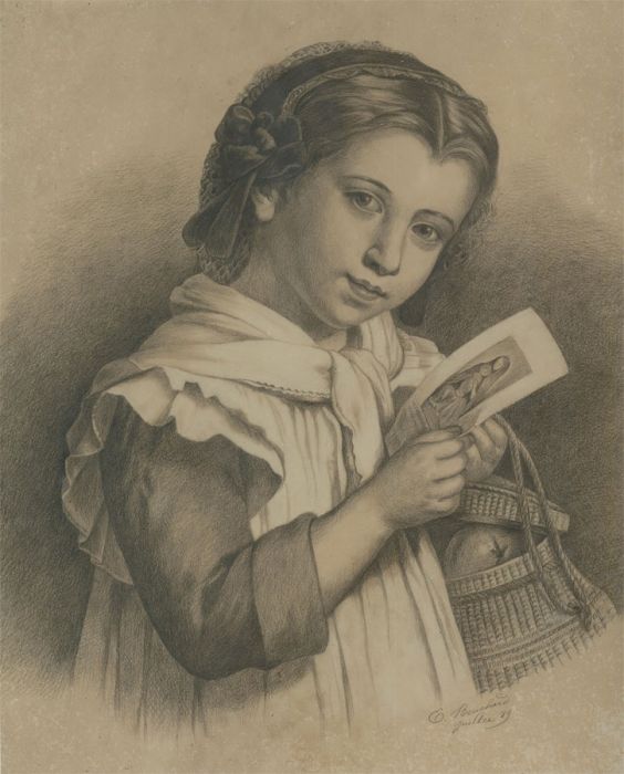 E. Bouchard - French School 1889 Graphite Drawing, Portrait of a Little Girl