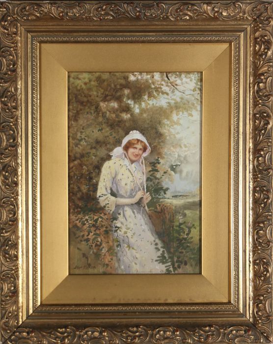 Joshua Fisher (1859-1930) - 19th Century Watercolour, A Young Girl by a Fence