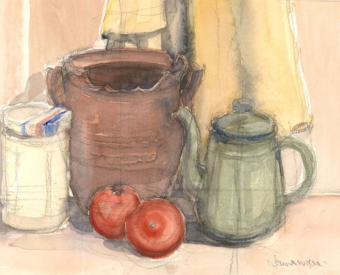 20th Century Watercolour - Tomatoes and Ceramics