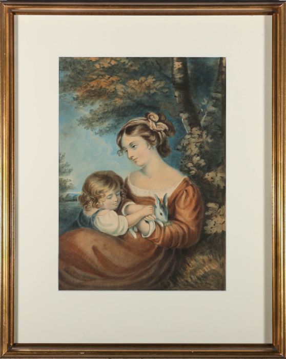 Early 19th Century Watercolour - Mother & Child Holding a Rabbit