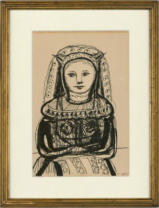 Mid 20th Century Pen and Ink Drawing - Little Renaissance Girl