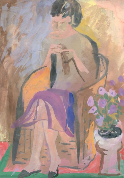 Austin Taylor (1908-1992) - Mid 20th Century Gouache, The Knitter In Purple