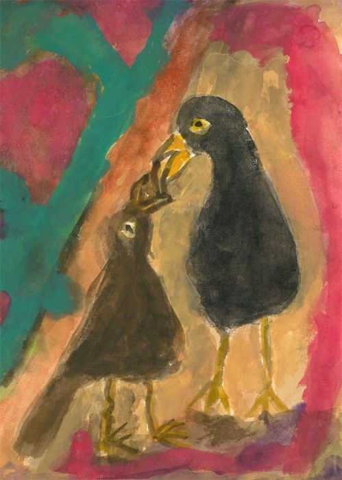 Michael Davies (b.1947) - Contemporary Watercolour, Blackbirds Feeding