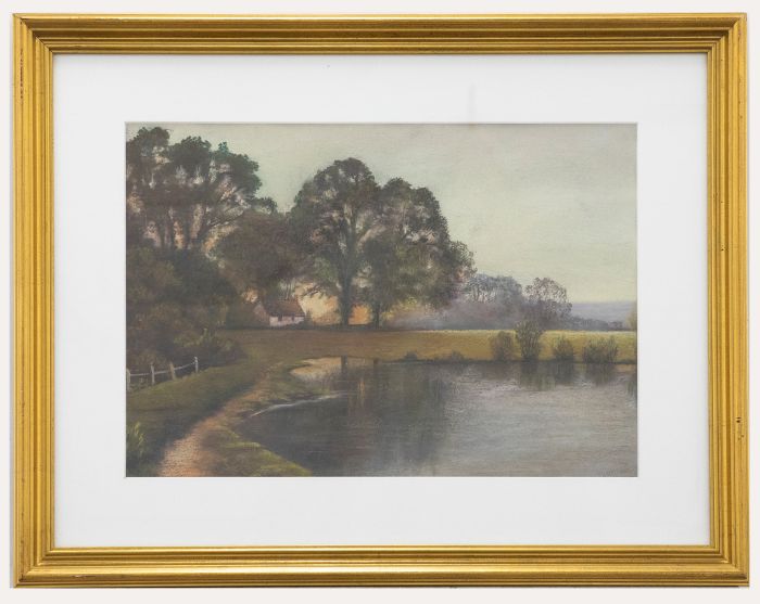 P.W Scarland - Framed 20th Century Pastel, Cottage by the Pond