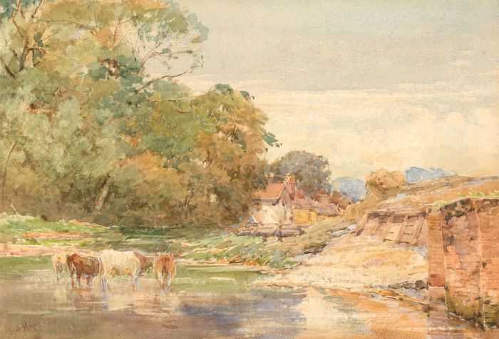 Claude Hayes RI ROI (1852-1922) - Watercolour, Cattle Near Guildford