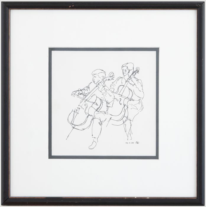 Framed 1987 Pen and Ink Drawing - Double Cellist
