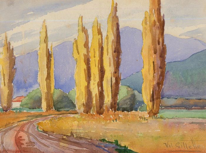 Val Gillette - 20th Century Watercolour, Cypress Trees