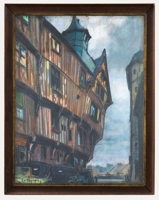 Framed 1918 Pastel - Old Timbered Houses