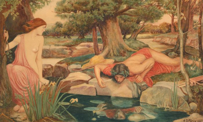 A. S. Eaton after Waterhouse - 1932 Watercolour, Echo and Narcissus