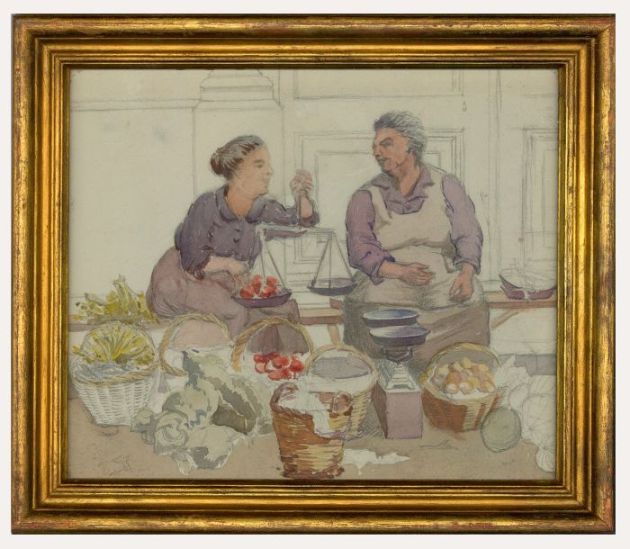 Framed Mid 20th Century Watercolour - Spanish Street Sellers