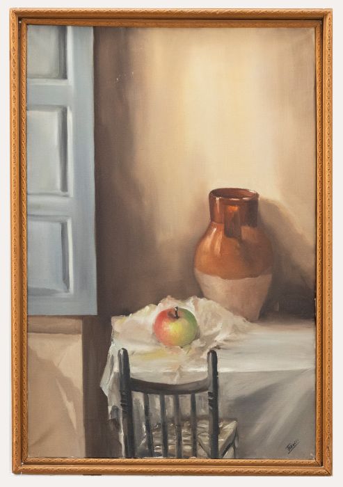 Framed 20th Century Oil - Kitchen Still Life with Apple