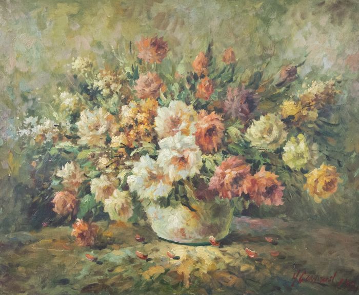 Mid 20th Century Oil - Still Life of Flowers in White Vase