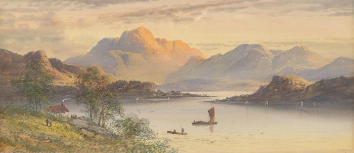 L. Lewis - 1899 Watercolour, Sunset on the Lake
