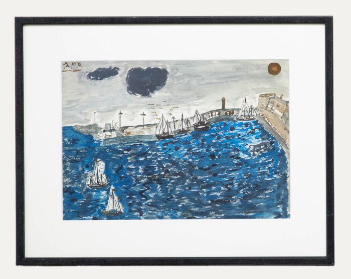 J.M.Q - Naive School 20th Century Watercolour, Harbour Boats