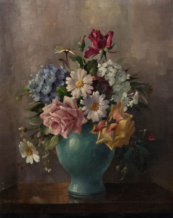 Olive Flint - Mid 20th Century Oil, Flowers in a Turquoise Vase
