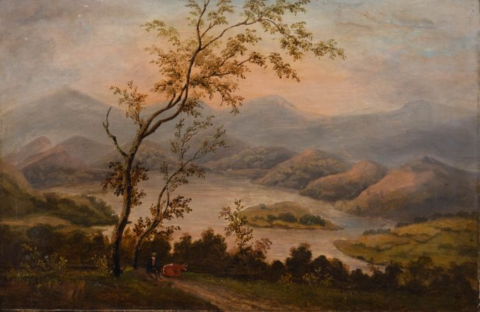 19th Century Oil - Landscape with Seated Figure & Bull