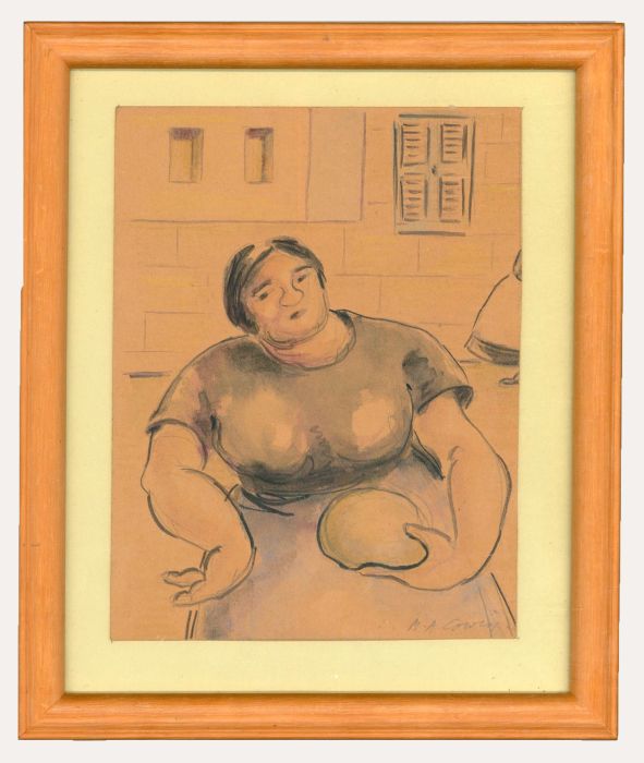 M. A. Cowin- 20th Century Crayon & Watercolour Sketch, Maltese Woman with a Loaf