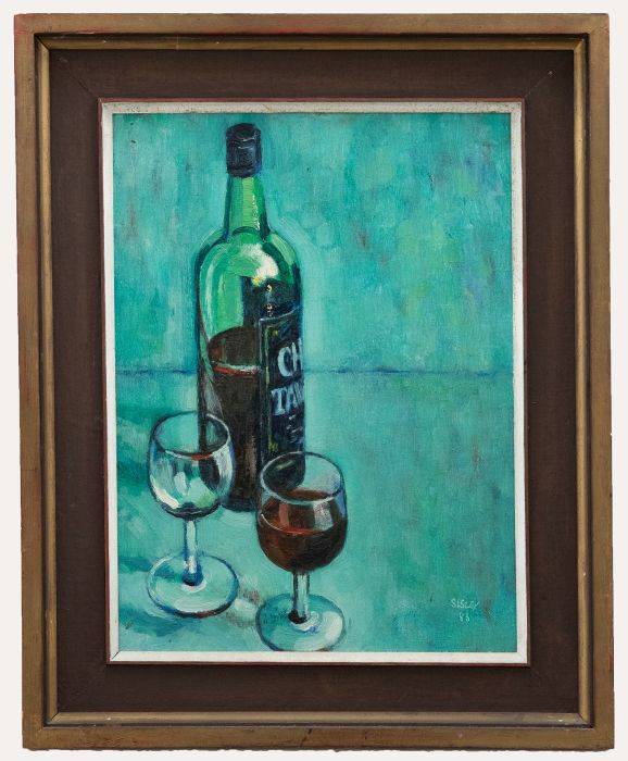Francis Sisley (b.1921)  - 1983 Oil, Wine Bottle with Two Glasses