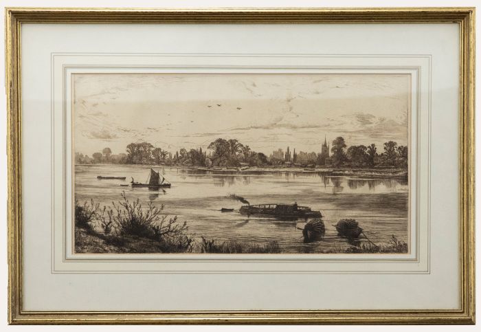 Frederick Slocombe (1847-1920) - Framed 1872 Etching, Thames Scene with Boats