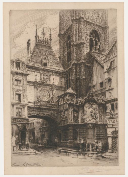 Charles Pinet (1867-1932) - Early 20th Century Etching, Rouen La Grosse Horloge