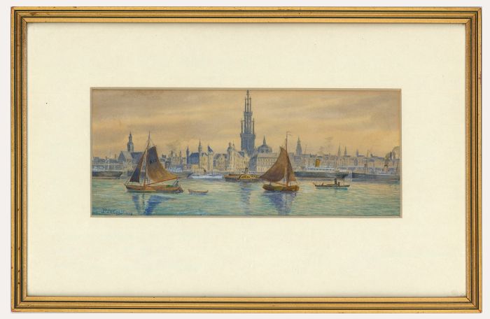 P. Le Costu - 1918 Watercolour, Antwerp from the River Scheldt