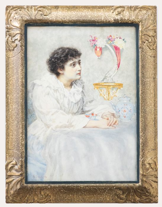 G. Brown - Framed 1895 Watercolour, Young Lady Drinking Tea
