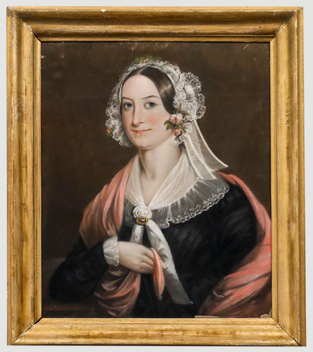 F. Phelps - Framed c.1846 Pastel, Portrait of a Lady with Flowers