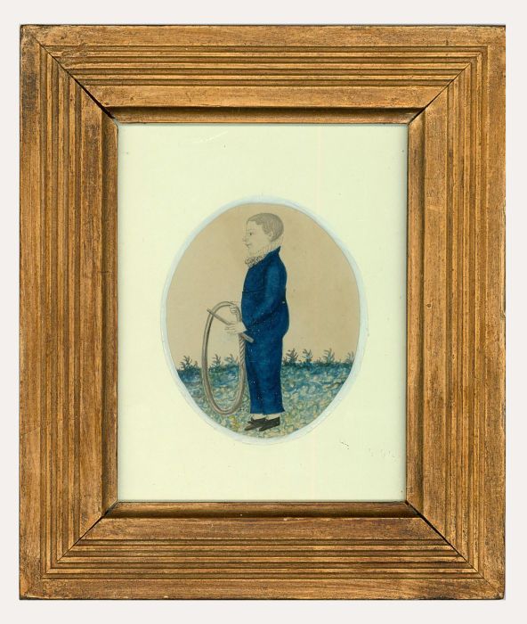 English School Folk Art Watercolour - Portrait of a Boy with a Hoop & Stick