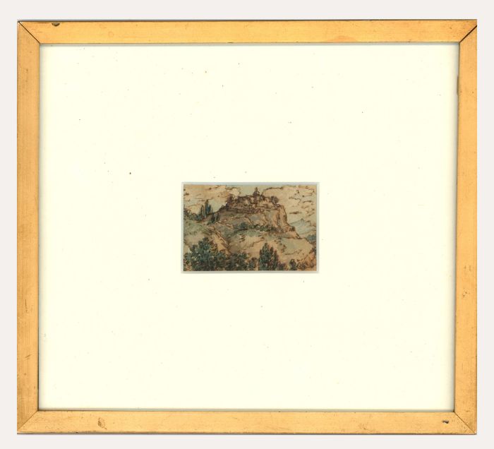 Framed 18th Century Miniature Watercolour - Castle on the Hill