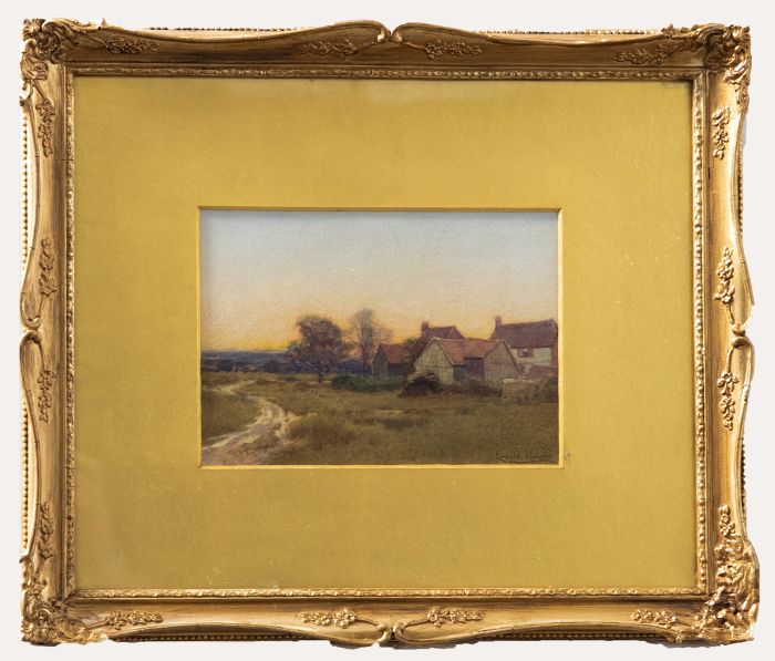 Leopold Rivers (1852-1905) - Framed Watercolour, Farm Buildings at Dusk