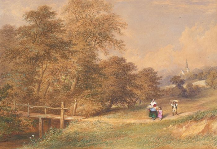 C. F. Buckley (1812-1869) - 1854 Watercolour, Walking the Country Path